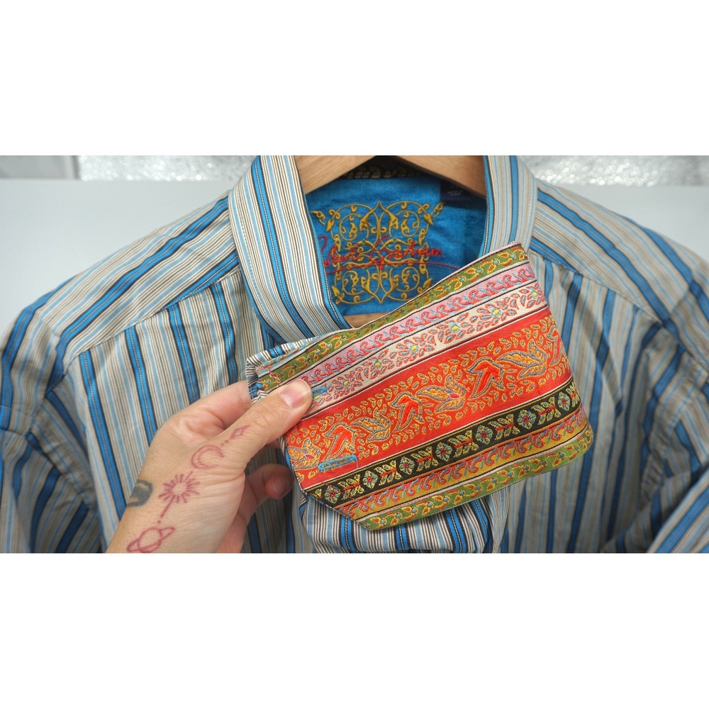 Robert Graham Mens XL Button Up Shirt Striped Blue‎ Tan Flip Cuffs Floral